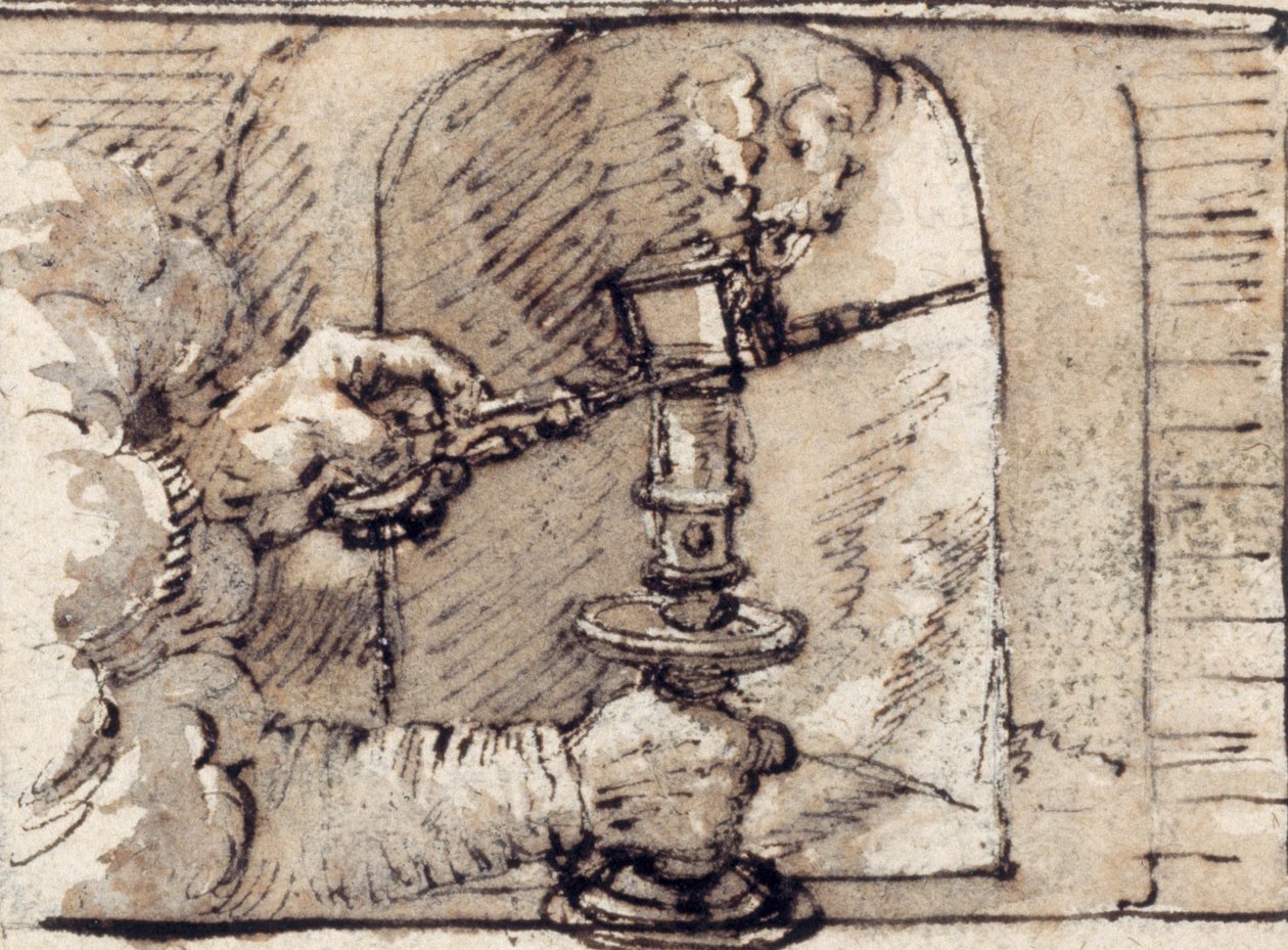 Ein Paar Hände, das aus einer Wolke kommt und eine Kerze in einem Kerzenhalter auslöscht (Feder & braune Tinte mit brauner Lavierung auf Papier) von Crispin I de Passe