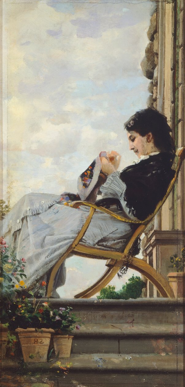Frau näht auf der Terrasse von Cristiano Banti