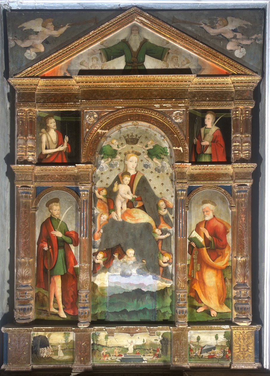 Gekrönte Madonna mit Kind und Engeln, Heiliger Paulus, Heiliger Petrus von Cristoforo (fl.1525 1578) & Pancalino Raffaele (fl.1514 1573) Pancalino