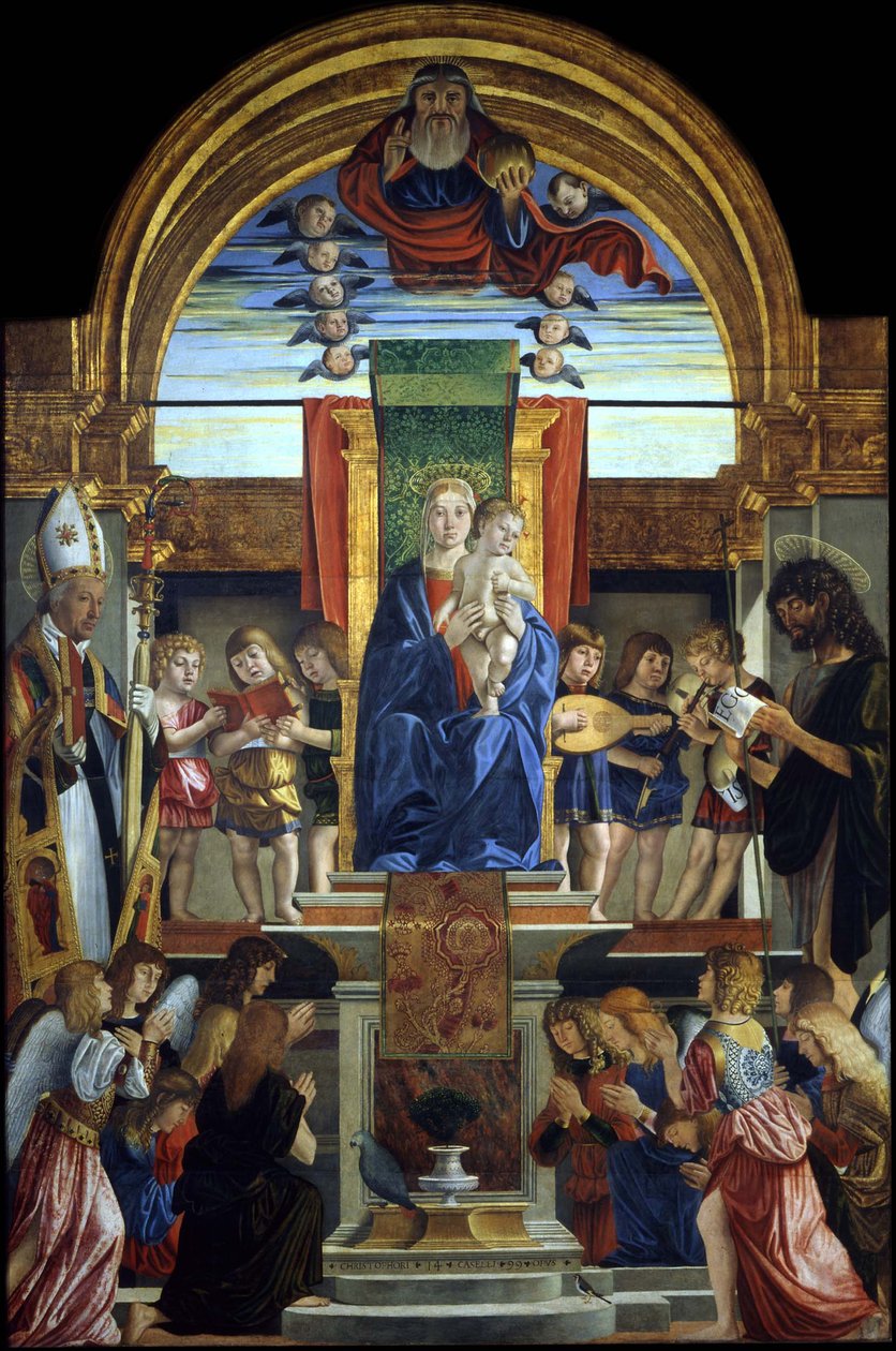 Die Jungfrau und das Kind auf dem Thron mit Gott dem Vater und den Heiligen Hilarius und Johannes dem Täufer, 1499 von Cristoforo Caselli
