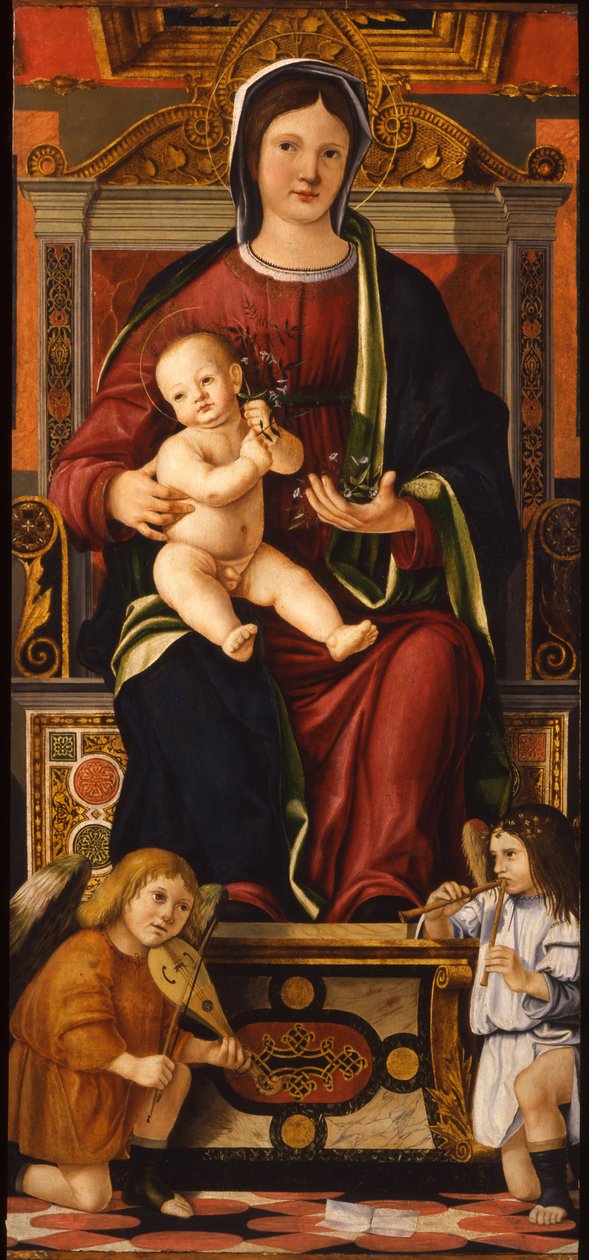 Die Jungfrau und das Kind auf dem Thron mit zwei musizierenden Engeln, 1508-1510 von Cristoforo Caselli