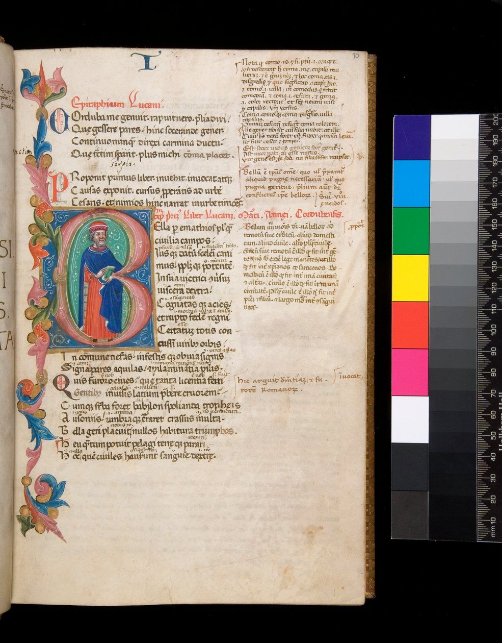 Ms 325. Lucan, Bellum Civile und andere Werke, f.10r. Illuminierte Initiale [B], bewohnt von einem ganzfigurigen Autorenporträt, das sich in eine teilweise Laubumrandung erstreckt, ca. 1400-10 (Pergament) von Cristoforo Cortese