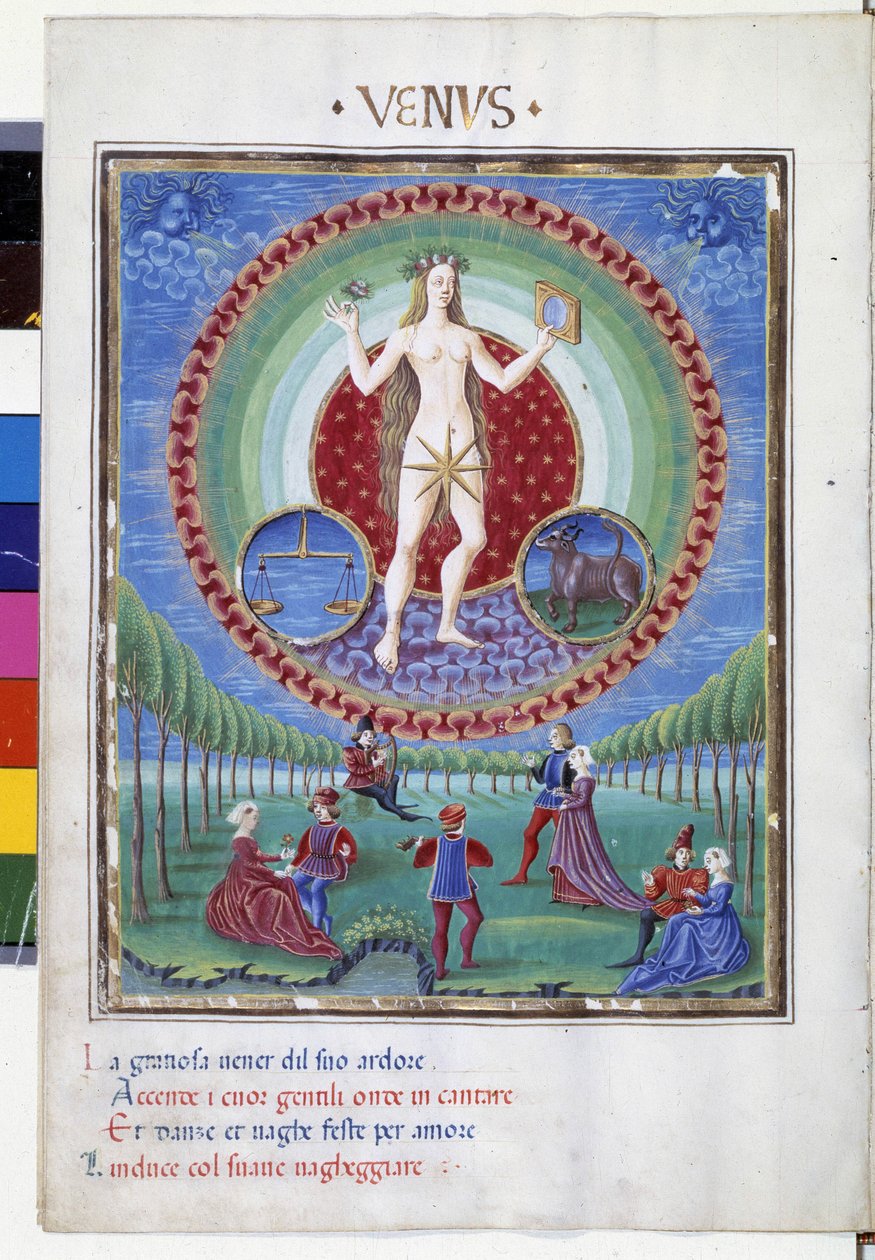 Komödie mit den Tierkreiszeichen Waage und Stier. Unten, die galanten Szenen. Miniatur von Cristoforo de Predis (ca. 1440-ca. 1486) - in 