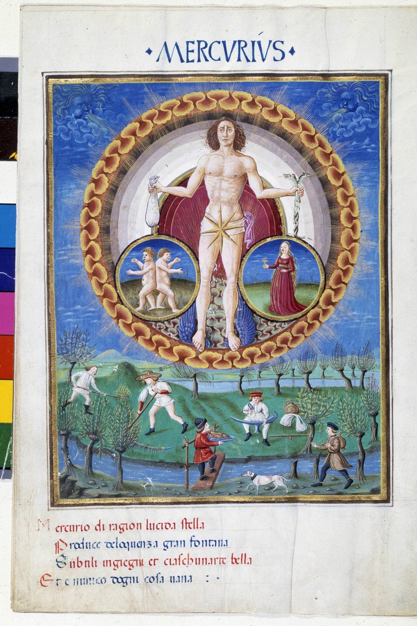 Merkur mit den Tierkreiszeichen Jungfrau und Zwillinge. Unten, Bauern bei der Feldarbeit. Miniatur von Cristoforo de Predis (ca. 1440-ca. 1486) - in „De Sphaera“ d