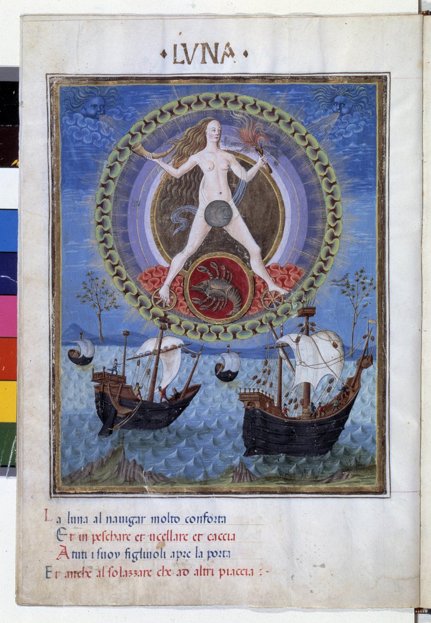 Mond mit dem Sternzeichen Krebs. Unten Boote während der steigenden Flut. Miniatur von Cristoforo de Predis (ca. 1440-1486) - in „De Sphaera“ d