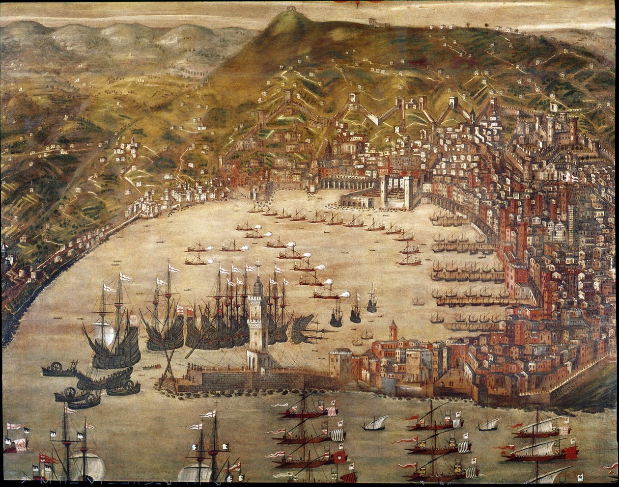 Ansicht der Stadt und des Hafens von Genua, mit einlaufenden Schiffen von Cristoforo Grassi or Grasso