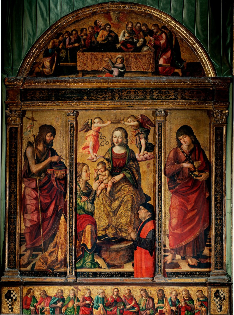 Triptychon der mystischen Hochzeit der Heiligen Katharina, umgeben von den Heiligen Johannes dem Täufer und Johannes dem Evangelisten von Cristoforo Scacco