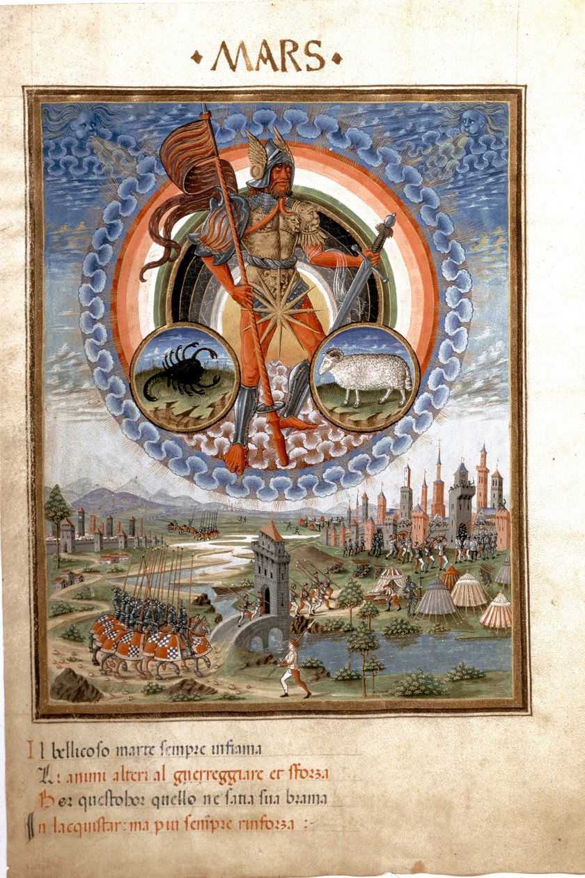 Mars mit den Tierkreiszeichen Skorpion und Widder. Die Kampfszenen (Miniatur, ca. 1470) von Cristoforo De Predis