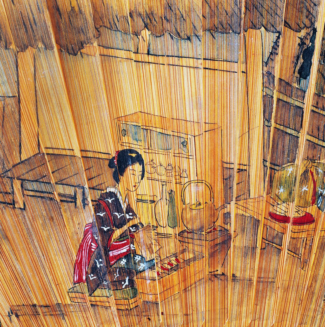 Doppelseitiger Fächer mit lackierten Holzstäben und Schutz, der die Teezubereitung darstellt von Culture Edo