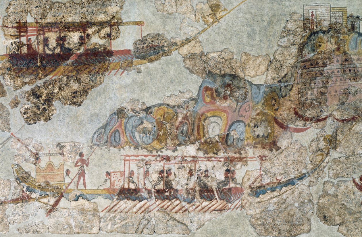 Flotte von Schiffen, Fresko aus Thera, Südliche Kykladeninseln, Griechenland, Kykladische Zivilisation, 3.-2. Jahrtausend v. Chr. von Cycladic Cycladic