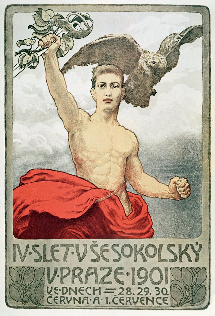 Plakat zur Werbung für die 4. Versammlung der Sokols in Prag 1901 von Czech School
