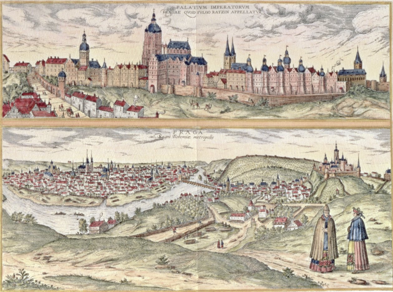 Ansicht von Prag mit (oben) dem Kaiserpalast (Hradschin) und (unten) der Moldau, die die alte und moderne Stadtteile trennt von Czech School
