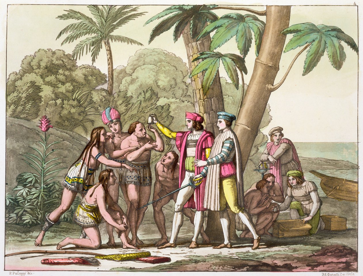 Christoph Kolumbus mit amerikanischen Ureinwohnern, 1492-1503, um 1820-1839 von DK Bonatti