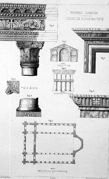 Plan und architektonische Details von Imbrohor Dzamissi, der Kirche St. Johannes der Täufer, aus 