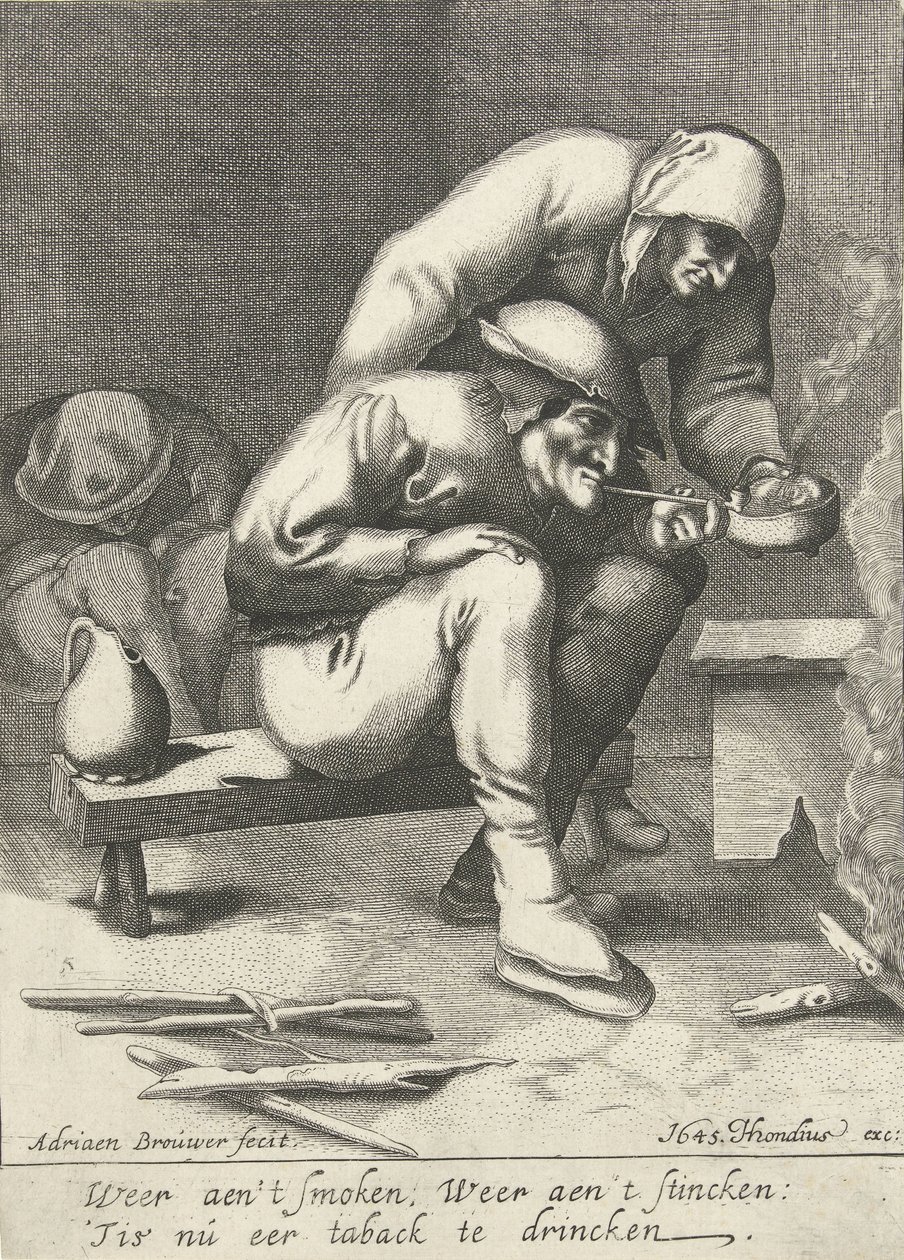 Rauchender Mann mit Frau im Hintergrund von D. van den Bremden