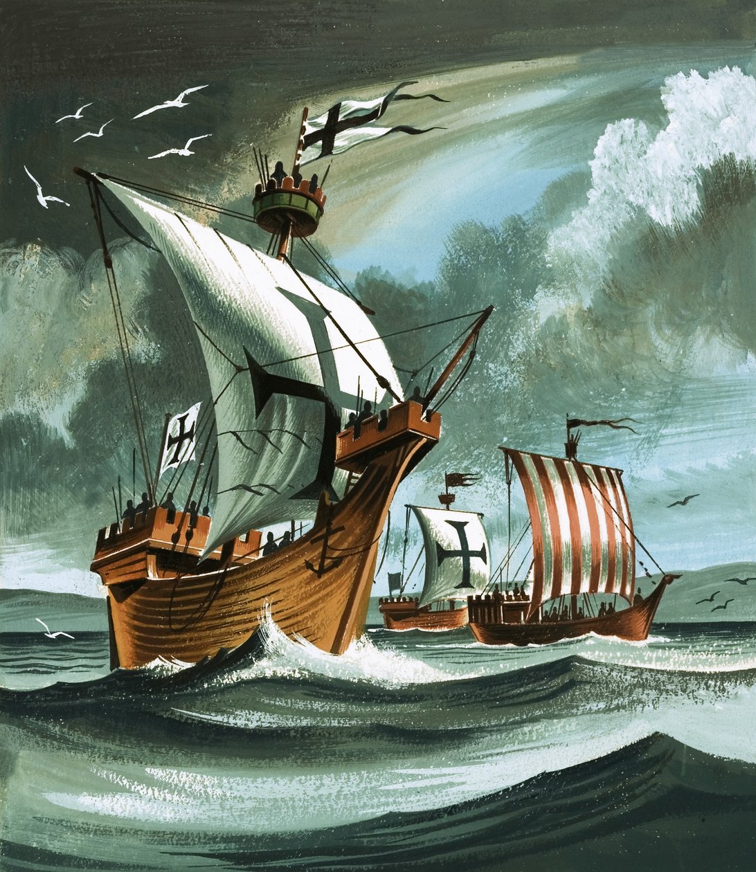 Handelsschiffe mit Deutschordensrittern nähern sich einem Piratenschiff von Dan Escott