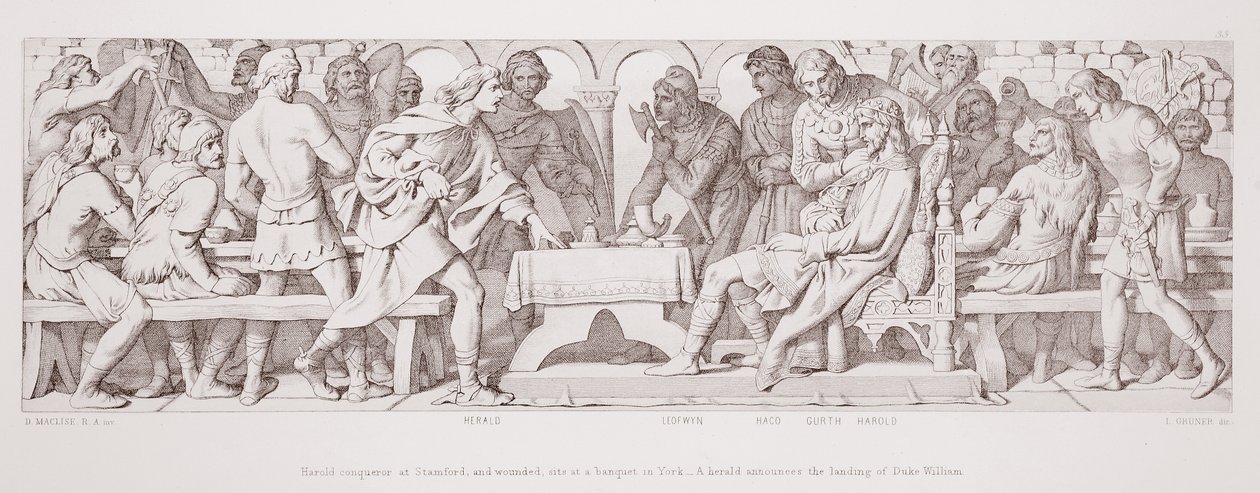Harold, Eroberer von Stamford, und verwundet, sitzt bei einem Bankett in York, und ein Herold kündigt die Landung von Herzog Wilhelm an, aus 