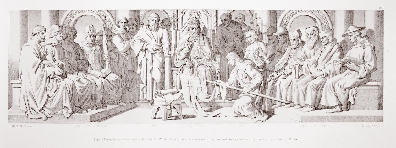 Papst Alexander weiht ein Banner für Williams Dienst bei seinem Abstieg nach England und gewährt einen Ring mit einem Haar von St. Peter, aus 