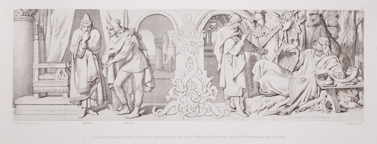 Tostig, der einen weiteren Angriff auf Harold plant, bittet um die Hilfe von Sweyn, König von Dänemark, und von Harald Hardrada, König von Norwegen, aus 