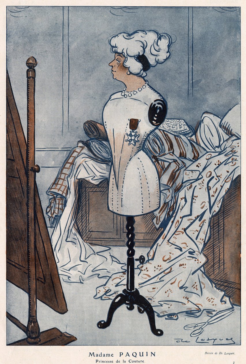 Madame Jeanne Paquin (1869-1936), französische Modeschöpferin, dargestellt mit dem Kreuz der Ehrenlegion, das sie gerade erhalten hat - Illustration von Daniel De Losques (Henri Casimir Paul Thouroude dit) (1880-1915) in „Fantasio“ von 1913 von Daniel de Losques