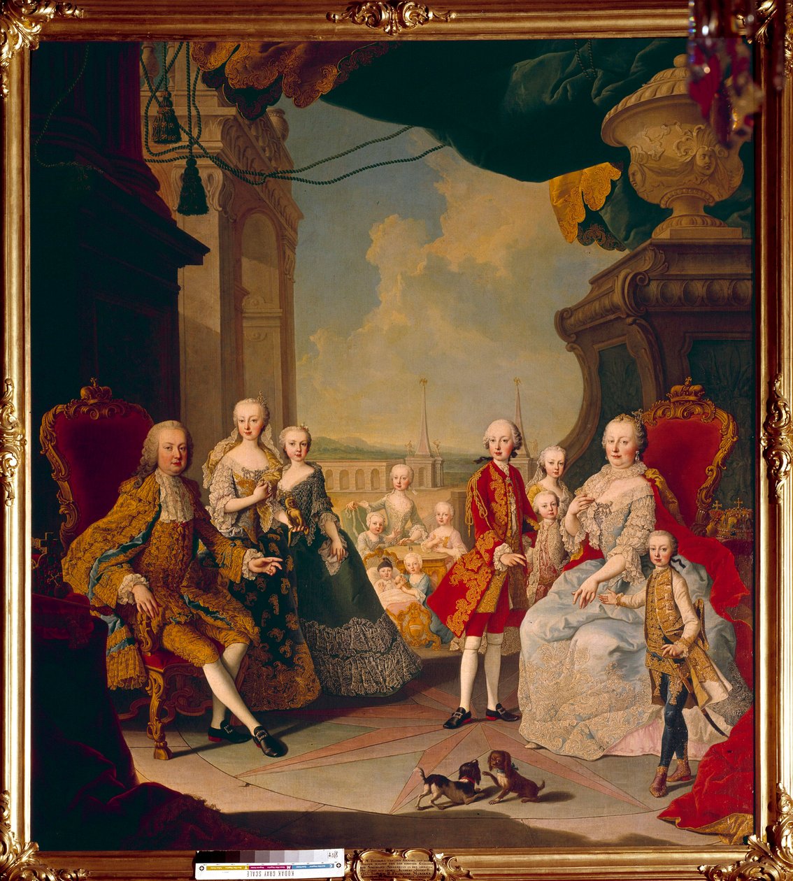Franz I. des Heiligen Römischen Reiches (1708-1765) und seine Frau Kaiserin Maria Theresia I. (1717-1780) mit ihren elf Kindern auf der Terrasse des Schlosses Schönbrunn. Die zukünftige Königin Marie Antoinette posiert in der Mitte noch als Baby. Gemälde von Daniel (and Studio) (after) Mytens