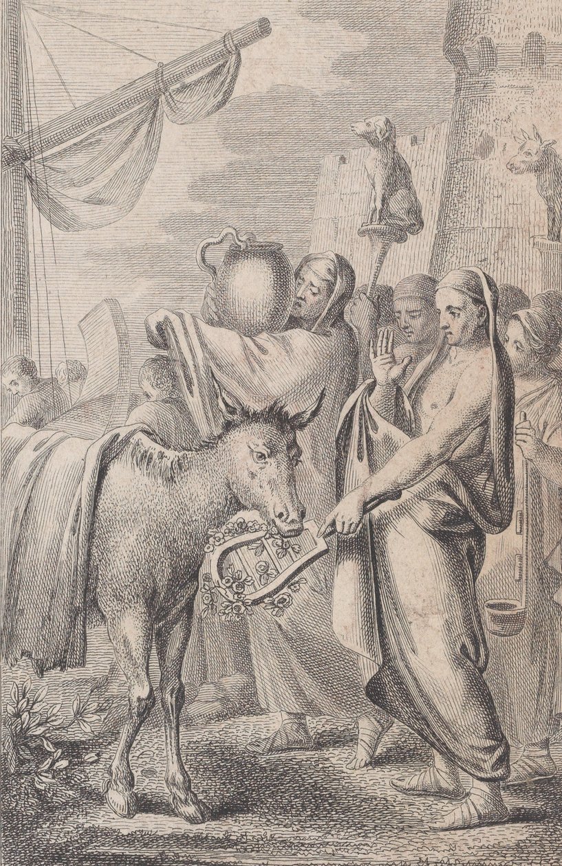 Figuren rechts in der Nähe eines Schiffes, einige halten Tiere über ihren Köpfen, ein Pferd links, 1783 von Daniel Berger