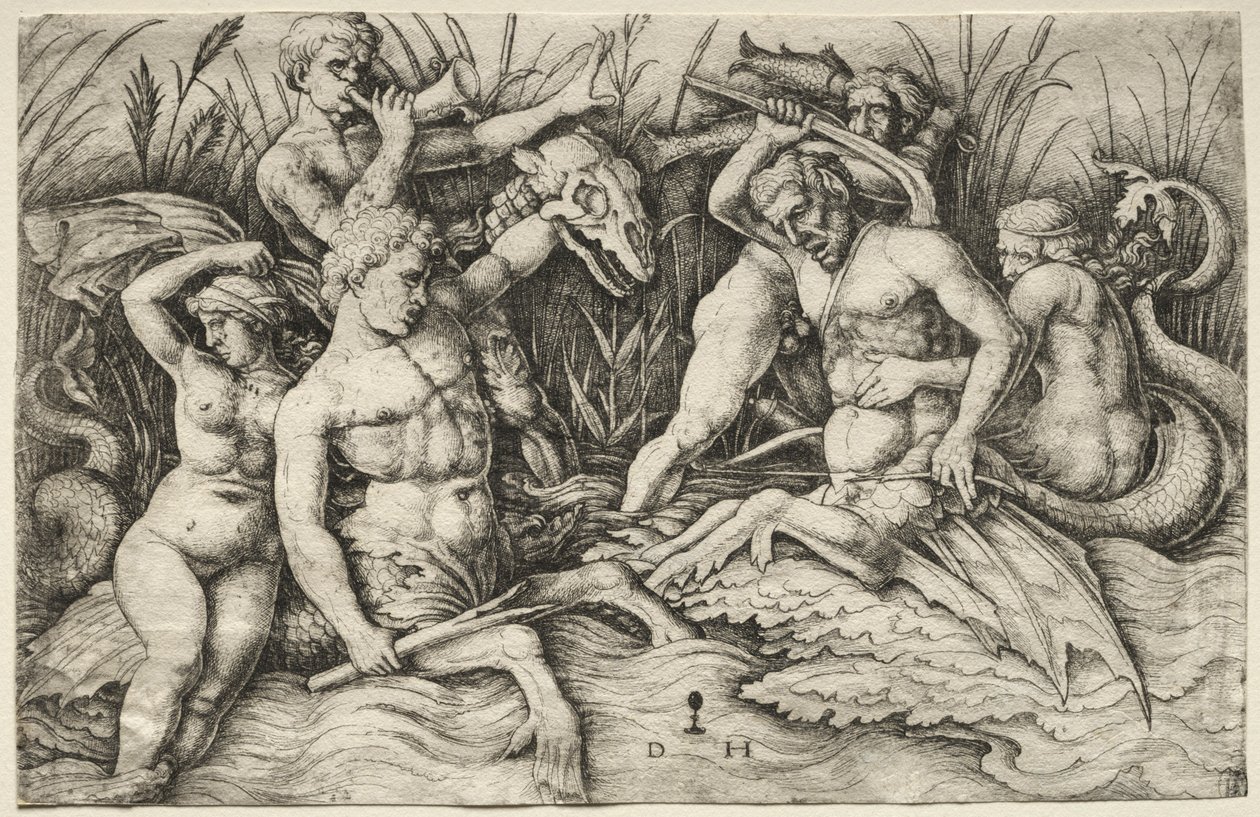 Zwei kämpfende Tritonen - Schlacht der Meeresgötter (rechter Teil) von Daniel Hopfer