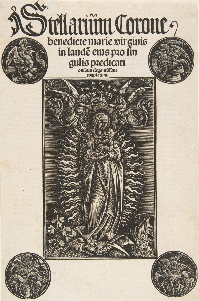Jungfrau auf einer Mondsichel, Titelseite aus Pelbartus de Temesvar: Stellarium corone Schr. 2869, 1502 von Daniel Hopfer.