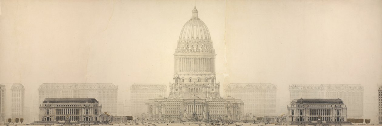 Platte 131 aus Der Plan von Chicago, 1909: Chicago. Erhebung zeigt die Gruppe von Gebäuden, die das vorgeschlagene Bürgerzentrum bilden. von Daniel Hudson Burnham