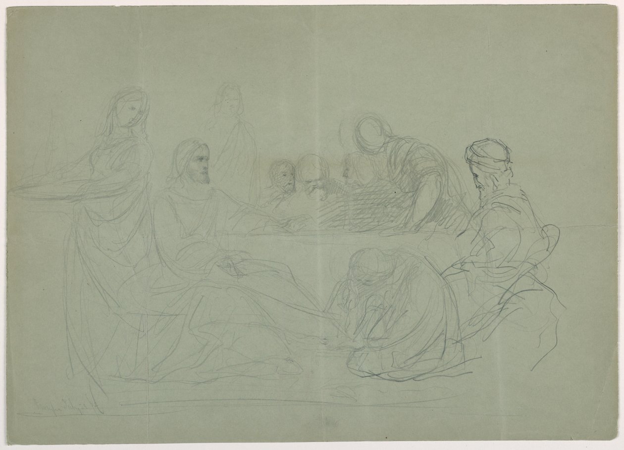 Zeichnung, Maria wäscht die Füße Christi, mehrere Männer sitzen an einem Tisch; Verso: Notizen, 1852 von Daniel Huntington