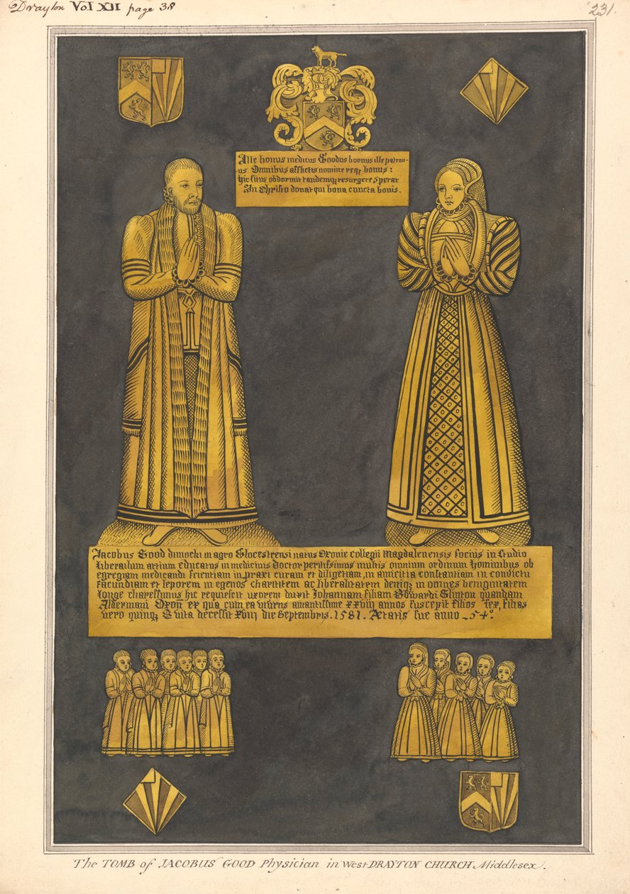 Messingplatte für Dr. James Goode und seine Frau Joan, Tochter von Edward Clinton, West Drayton Kirche von Daniel Lysons