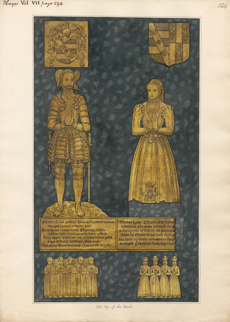 Messingplatte auf dem Grab von Thomas und Elizabeth Higate aus der Kirche von Hayes von Daniel Lysons