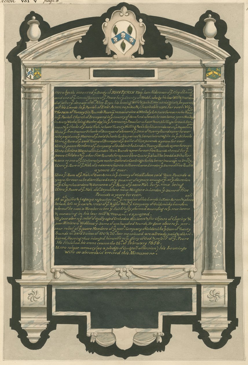 Gedenkstätte von John Peryn aus der Kirche von Acton von Daniel Lysons