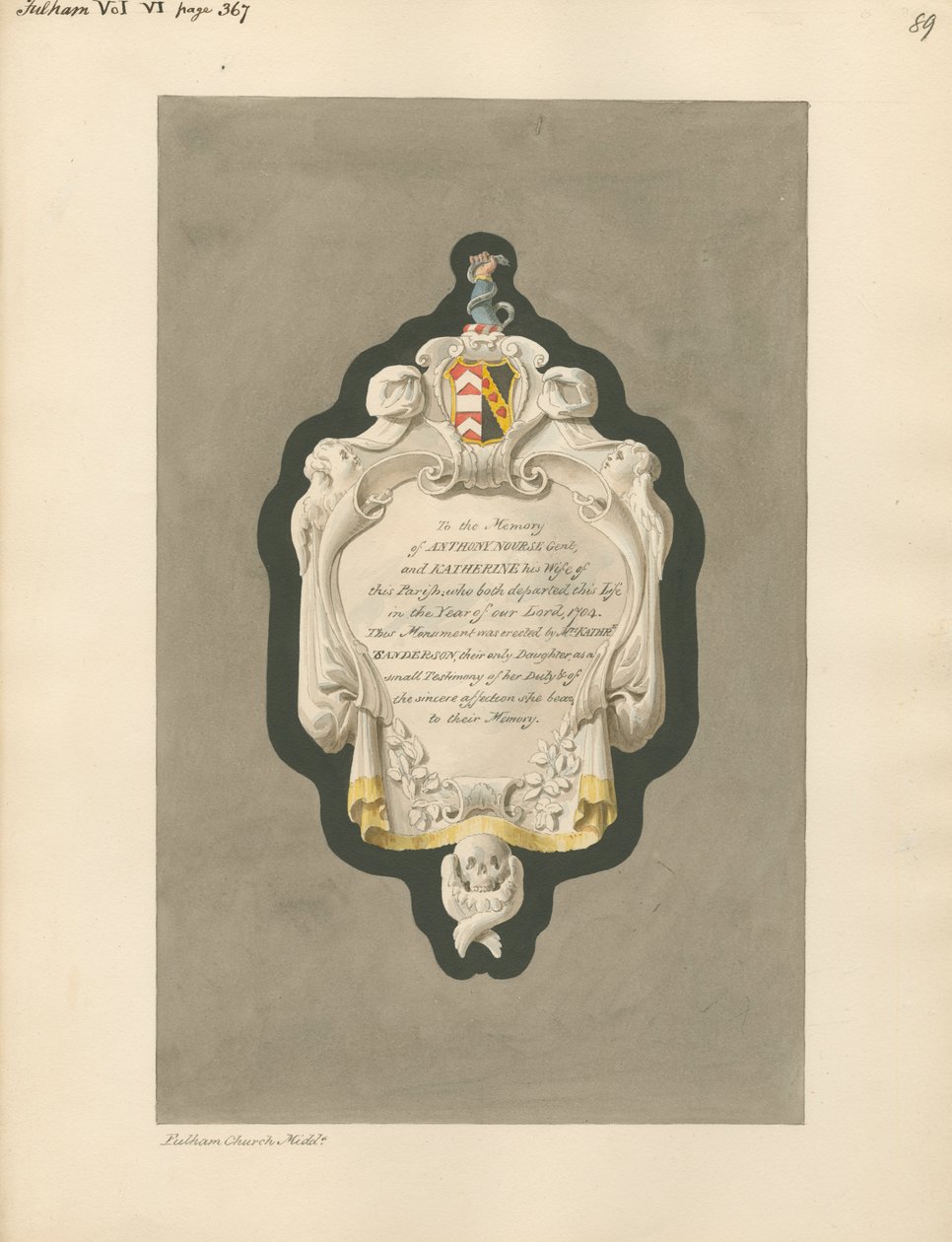 Denkmal für Anthony und Katherine Nourse aus der Fulham Kirche von Daniel Lysons