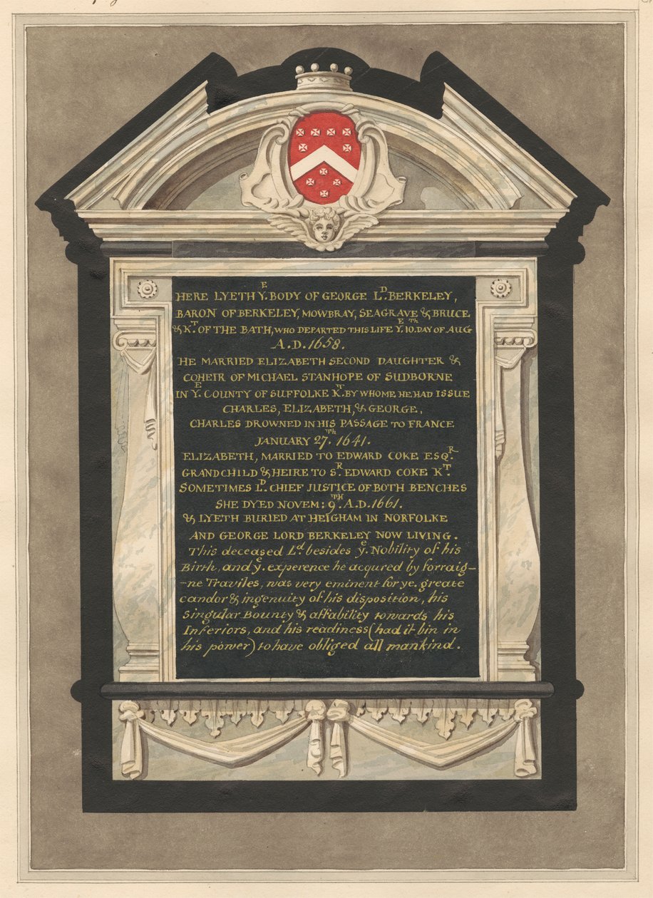 Gedenkstätte für George Lord Berkeley aus der Cranford Kirche von Daniel Lysons