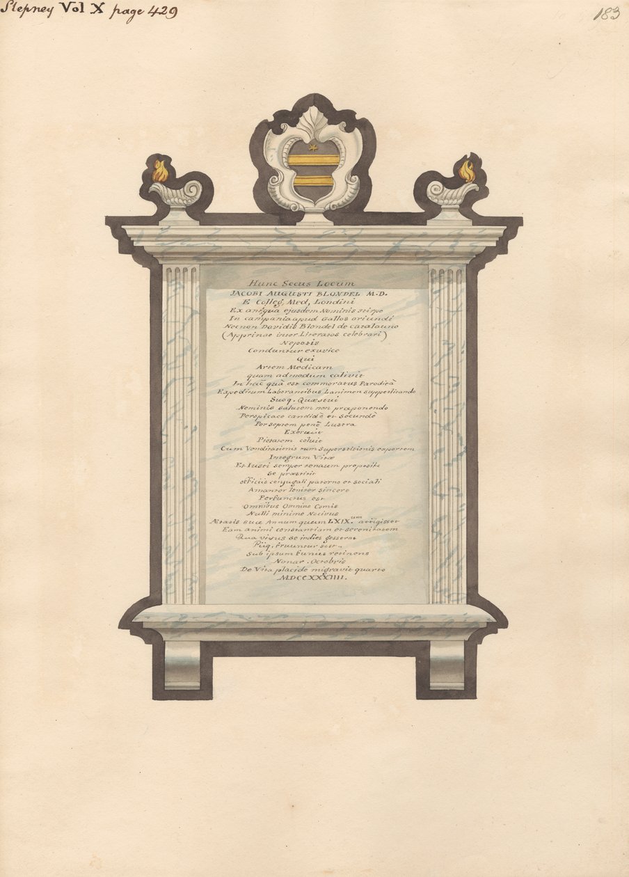 Denkmal für Jacob Augustus Blondel aus der Stepney Kirche von Daniel Lysons