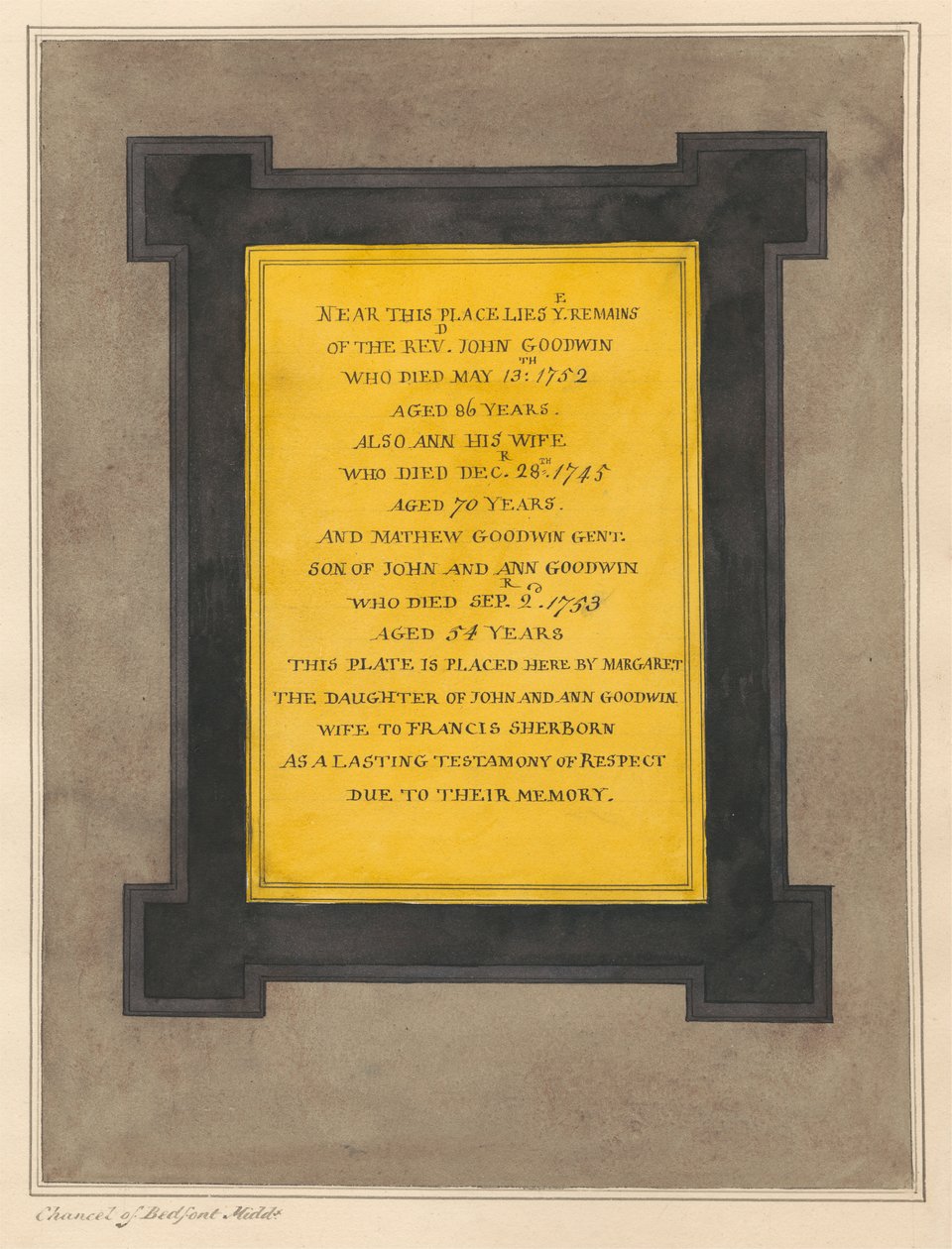 Gedenkstätte für John und Ann Goodwin und ihren Sohn Mathew aus der Kirche von Bedfont von Daniel Lysons