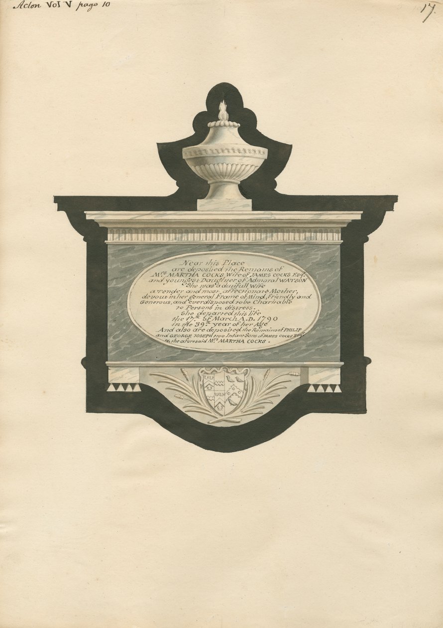 Gedenkstätte für Martha, Philip und George Joseph Cocks aus der Kirche von Acton von Daniel Lysons