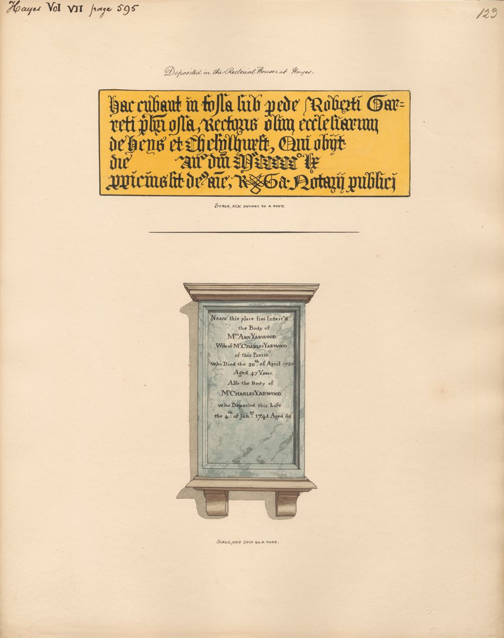 Denkmal für Mr. Charles und Mrs. Anne Yarwood aus der Kirche von Hayes von Daniel Lysons