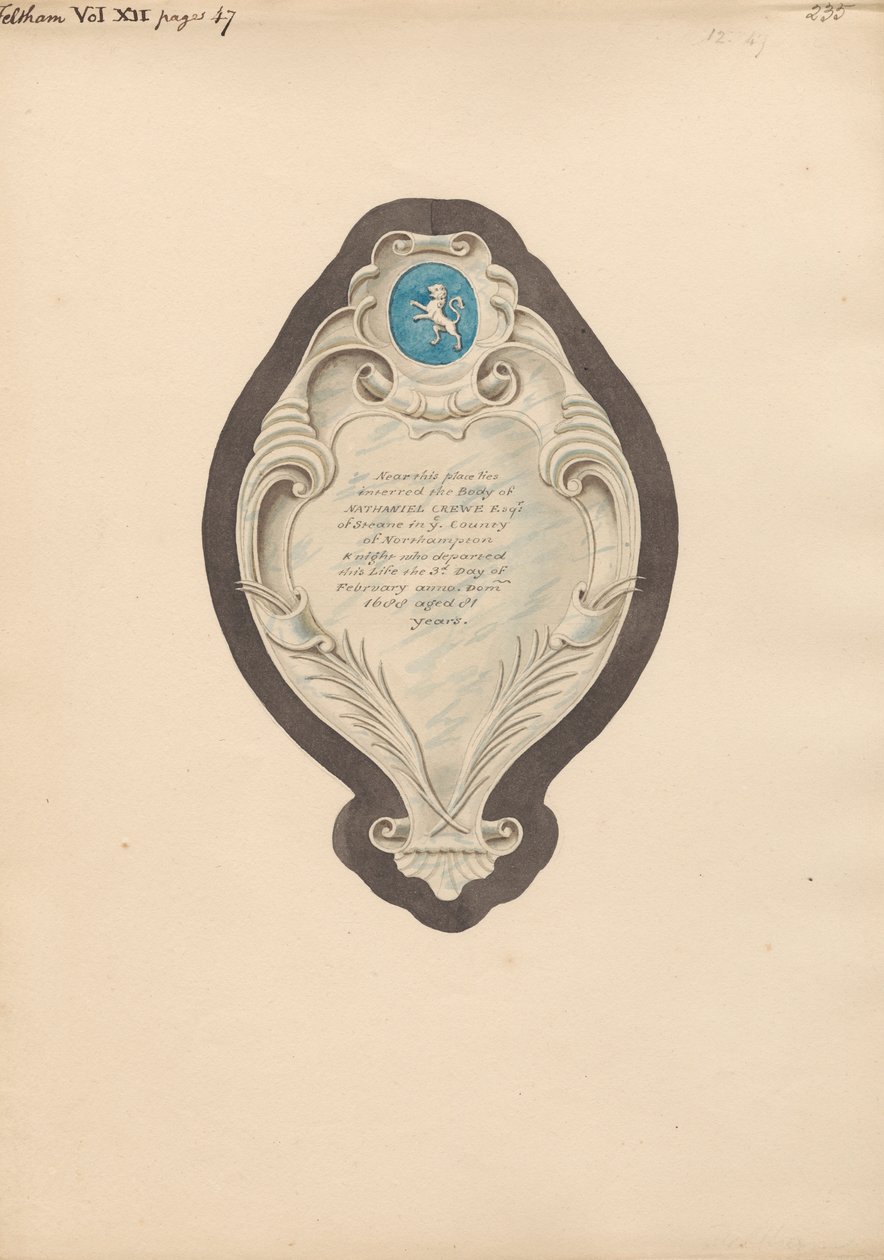 Denkmal für Nathaniel Crewe aus der Kirche von Feltham von Daniel Lysons