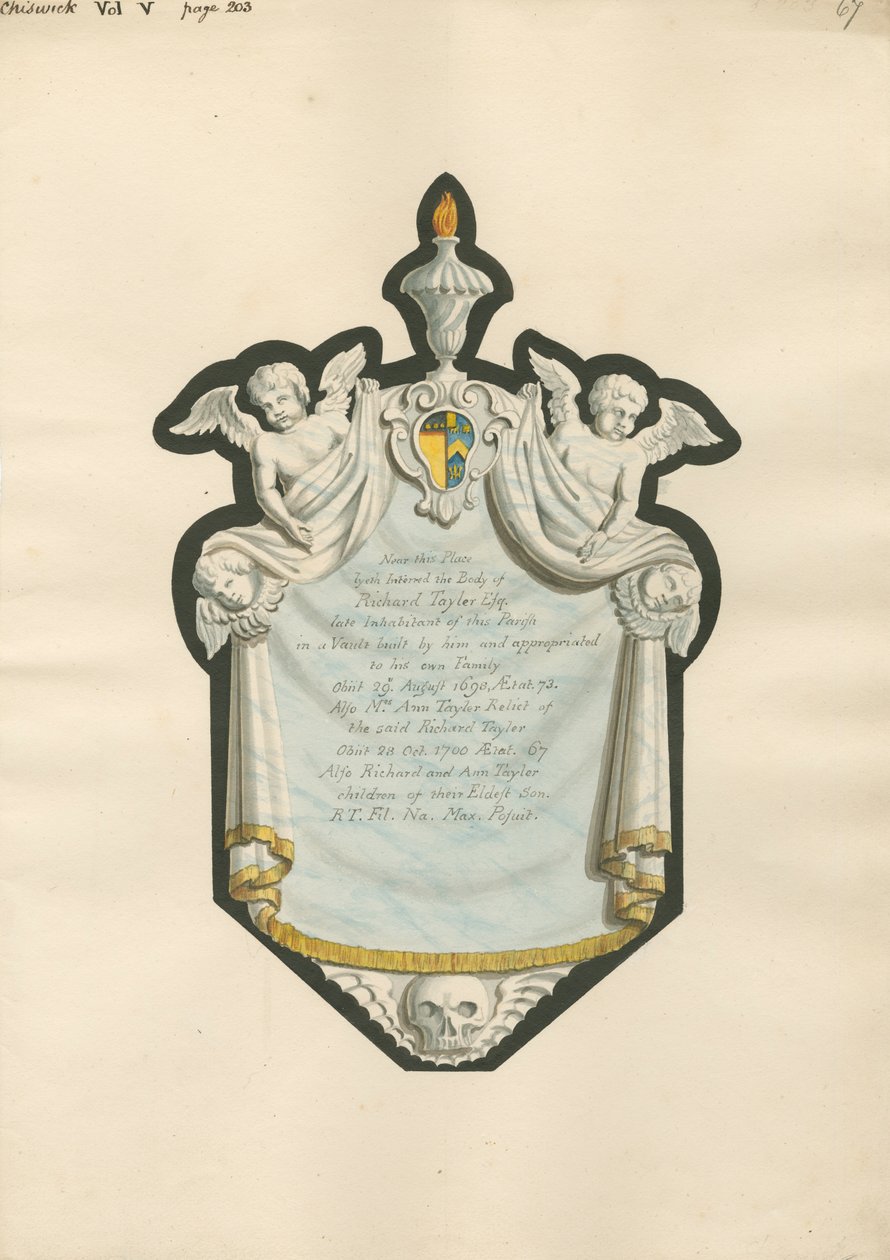 Denkmal für Richard Taylor und Mrs. Ann Taylor und ihre Kinder Richard und Anne aus der Kirche von Chiswick von Daniel Lysons