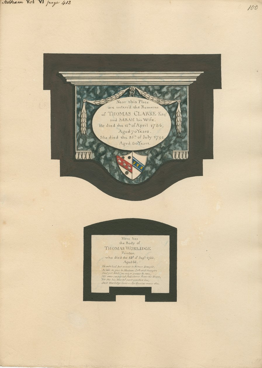 Gedenkstätte für Thomas Clarke und seine Frau Sarah und Thomas Worlidge aus der Kirche von Fulham von Daniel Lysons
