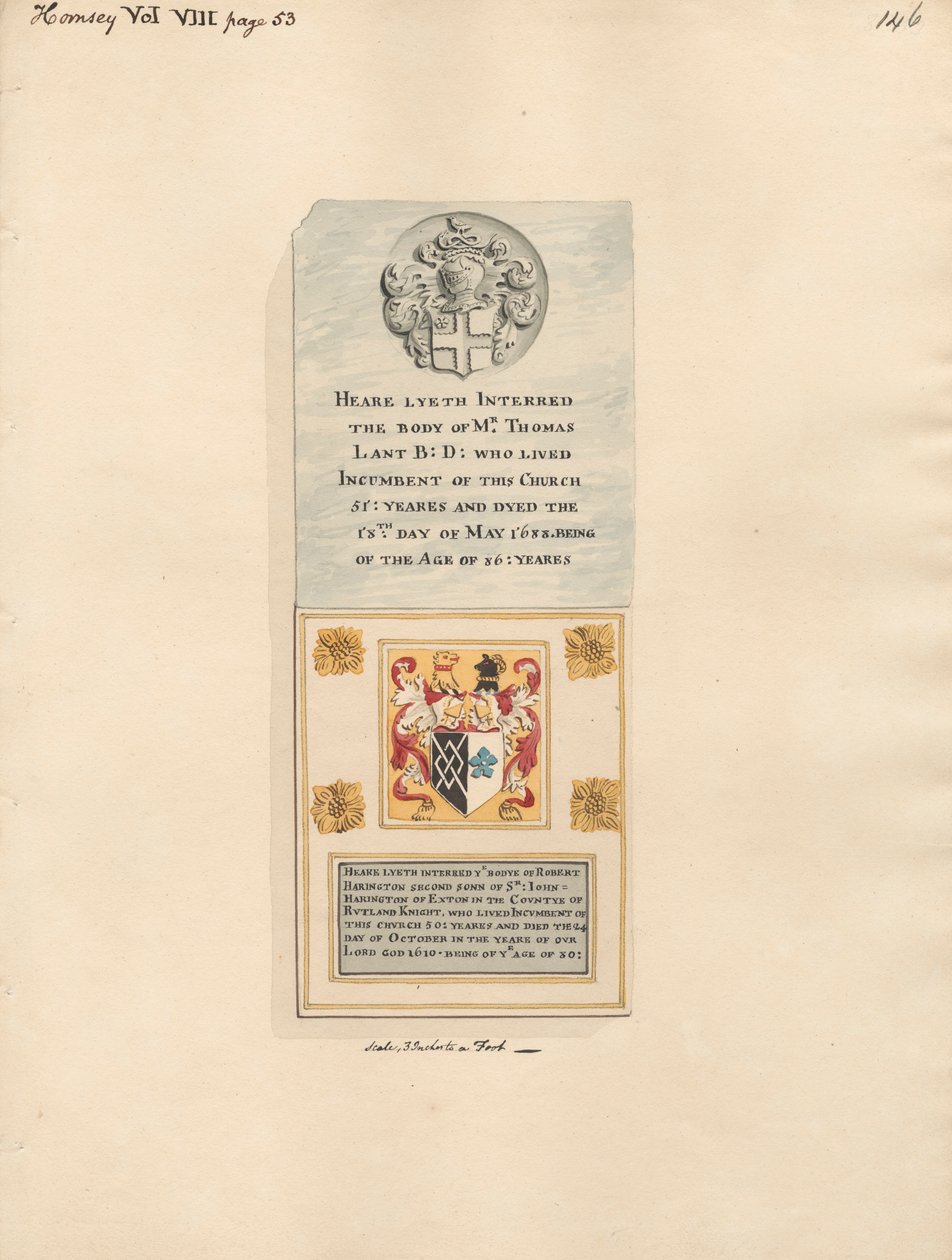 Denkmal für Thomas Lant und Robert Harington aus der Kirche von Hornsey von Daniel Lysons