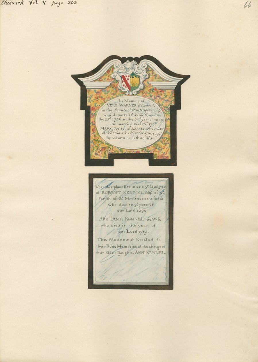 Denkmal für Vere Warner sowie Robert und Jane Kennel aus der Kirche von Chiswick von Daniel Lysons