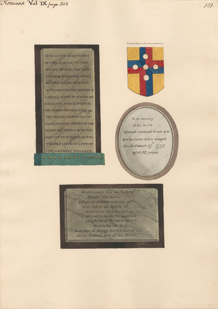 Denkmäler für Xpofer und Agnes Merick, George Charles Black und Sarah Horsnell, Elizabeth Ascough und George Merick von Daniel Lysons