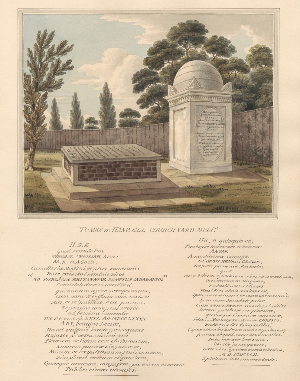 Gräber von Thomas Anguish und Anna Glasse, aus dem Hanwell Kirchhof von Daniel Lysons
