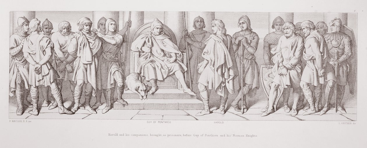 Harold und seine Gefährten als Gefangene vor Guy von Ponthieu und seine normannischen Ritter, aus 