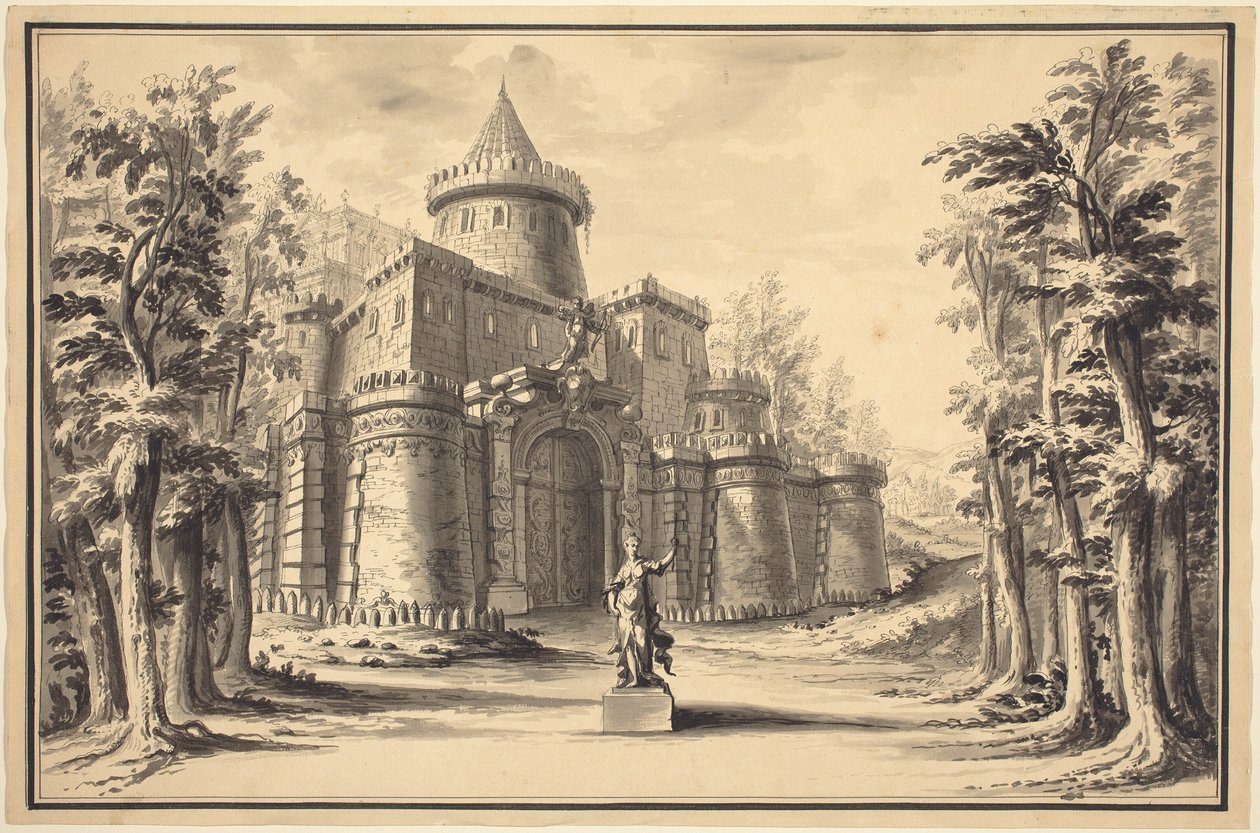 Bühnenbild mit Statue und Palast von Daniel Marot the Younger