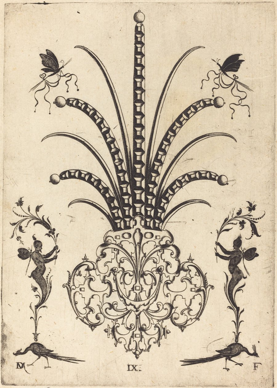 Brosche mit Tischsteinen, Schmetterlingen oben und Pfauen und Hermes unten von Daniel Mignot
