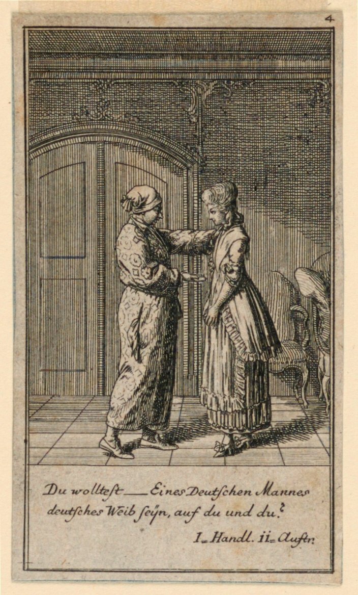 Ein Vater oder Vormund spricht mit einem Mädchen, Illustration des Stücks "Nicht mehr als sechs Schüsseln" von Friedrich Wilhelm Grossmann in "Königl: Grosbrit [anische] Genealogischer Kalender auf das 1782 Jahr Lauenberg bey J.G. Berenberg" von Daniel Nikolaus Chodowiecki